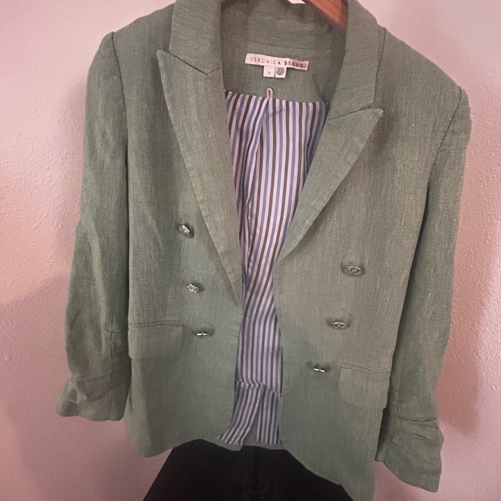 Veronica Beard Slouchy Herringbone Blazer in Green